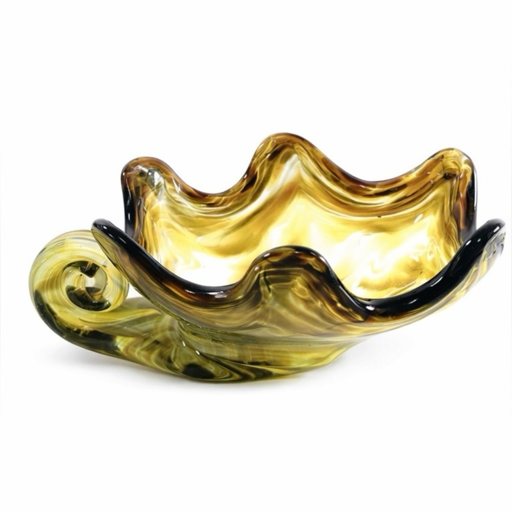 Sooner Art Glass Bowl Hand Blown Amber Swirl with Spiral Handle 7” Long